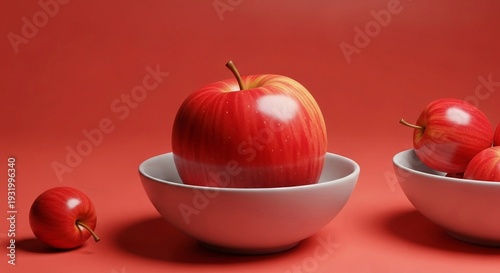 Fresh red apples in white bowls on vibrant red background