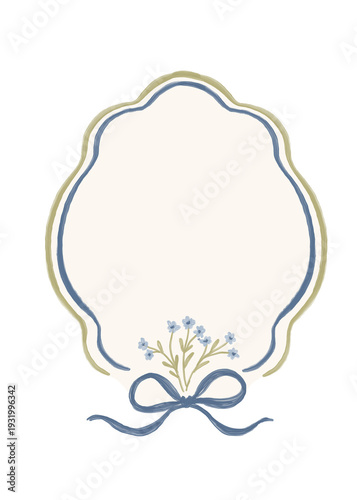 Hand drawn elegant whimsical frame with bow and blue little flowers PNG