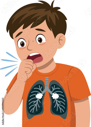 A young boy coughing with a graphic of lungs on his shirt