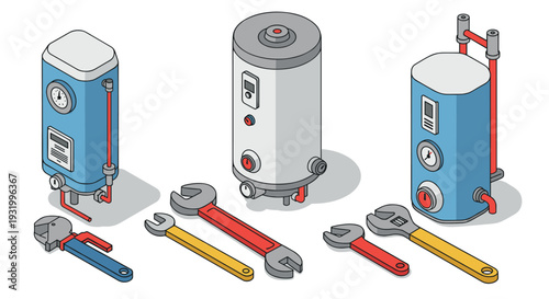 Isometric water heater installation tools with colorful wrenches