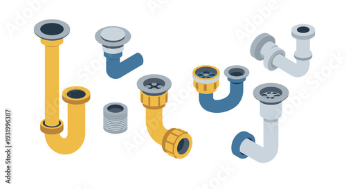 Isometric plumbing set with pipes and connectors in various colors and styles