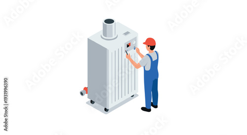 Technician adjusting industrial boiler in isometric style