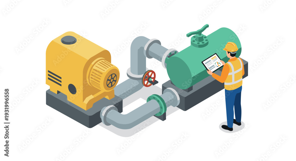 Naklejka premium Industrial engineer inspecting pipeline machinery in isometric design