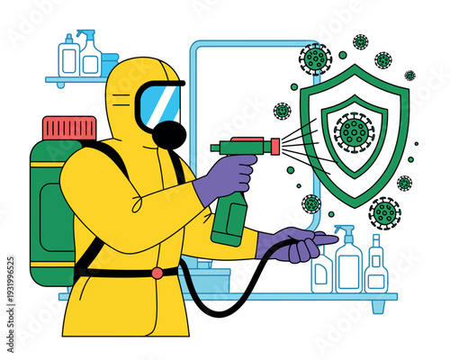 A person in a hazmat suit spraying disinfectant to protect against germs and viruses in a clean environment.