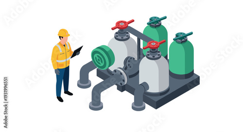 Industrial worker inspecting isometric pipeline and valve system