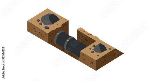 Underground pipe system in isometric view with soil and rocks