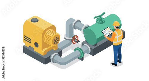 Industrial engineer inspecting pipeline machinery in isometric design