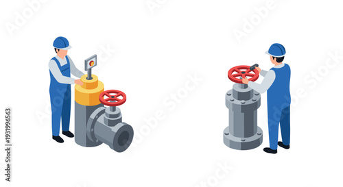 Isometric workers operating industrial valves in engineering scene