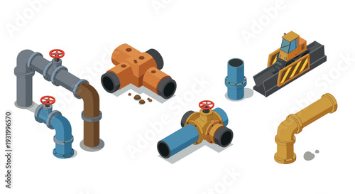 Isometric construction and plumbing elements with pipes and machinery