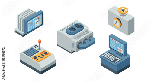 Isometric industrial control equipment set featuring computers and machinery