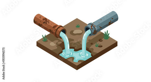Isometric rusty pipes polluting soil with contaminated water flow