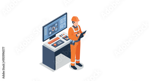 Industrial engineer operating control panel in modern isometric design