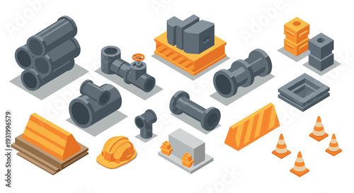 Isometric construction icons: pipes, barriers, and safety equipment in gray and orange design