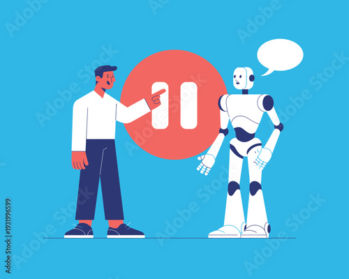 A man and a robot standing next to each other with a pause button between them