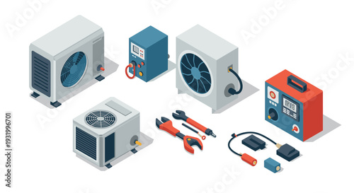 Isometric air conditioning repair tools and equipment in modern design