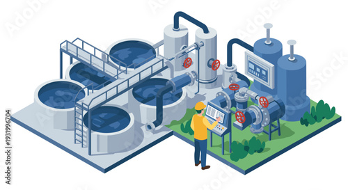 Isometric water treatment plant with technician in hard hat operating control panel