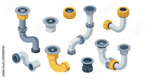 Isometric plumbing pipe set with yellow and gray fittings on white background