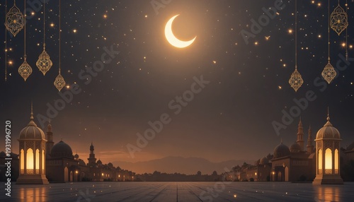 Ramadan kareem islamic holiday night scene with mosque and crescent moon shining brightly outside
