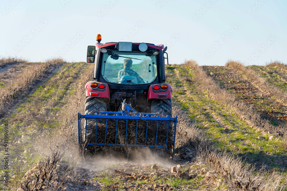 Fototapeta premium Farmer operating tractor cultivating field, preparing land for planting