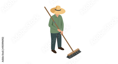 Isometric farmer sweeping with broom: rural work and chores concept