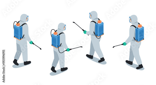 Isometric hazmat suit workers with sprayers: professional disinfection team in action