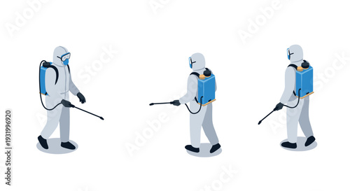 Isometric hazmat suit workers disinfecting with sprayers