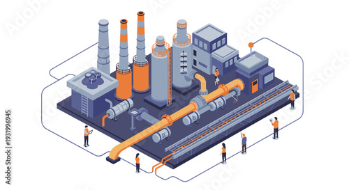 Isometric industrial factory scene featuring workers and machinery in modern automation setting