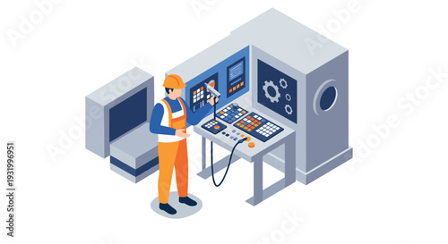 Isometric factory automation: worker operating modern industrial machine
