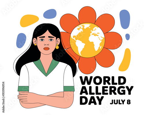 A woman with long black hair and a white shirt with green trim stands in front of a large orange flower with a yellow globe at its center, surrounded by colorful shapes, on World Allergy Day.