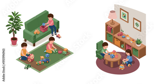 Children playing indoors with toys and blocks in cozy home setting