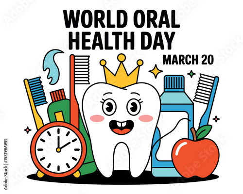 A cartoon tooth wearing a crown is surrounded by oral hygiene products and an apple to celebrate World Oral Health Day on March 20.