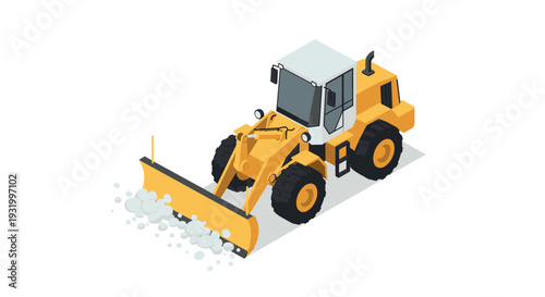 Isometric snow plow in action on clear winter day