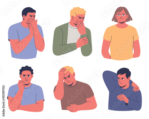 A group of people displaying various emotions and reactions to illness or discomfort