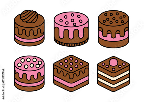 A colorful illustration of various decorated cakes on a white background