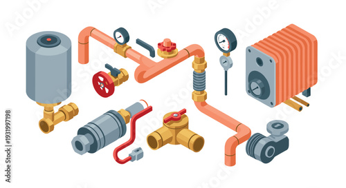 Isometric plumbing and heating elements set with pipes and gauges