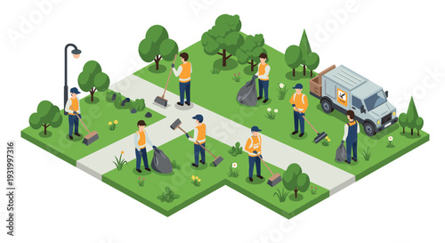 Community park cleanup with volunteers in isometric urban landscape
