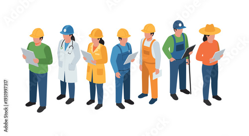 Diverse professions in isometric style: engineers, doctors, farmers and builders