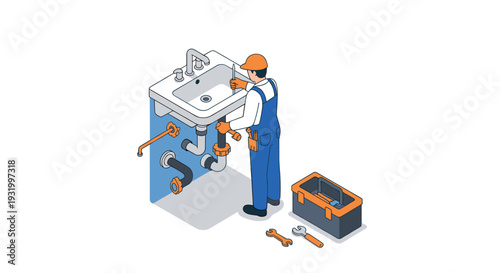 Isometric plumber repairing kitchen sink with toolbox and tools in modern style