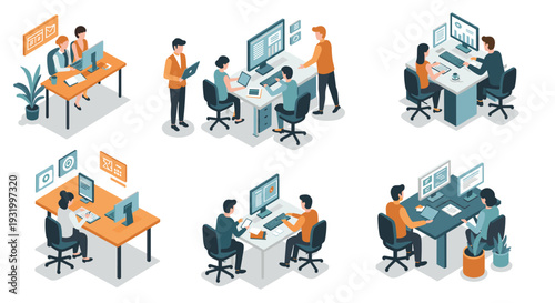 Modern isometric office scenes with diverse team collaborations and technology