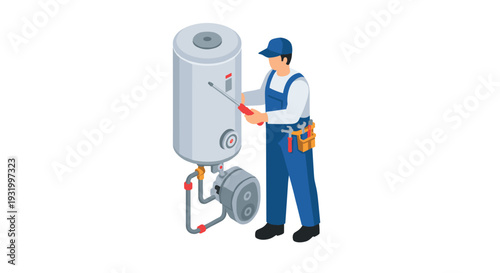 Isometric plumber fixing modern water heater with tools and safety gear