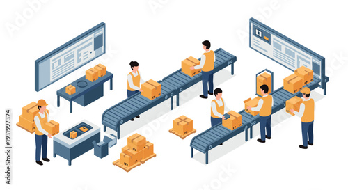 Isometric warehouse automation and packaging process with workers and conveyor belts