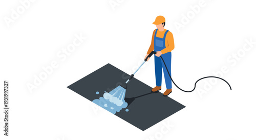 Worker in uniform cleaning floor with pressure washer isometric design