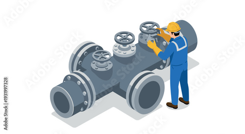Isometric worker operating industrial pipeline valves in safety gear