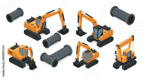 Construction excavator equipment with large pipes in isometric style on white background