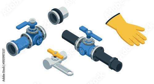 Isometric plumbing tools and valves with wrench and glove