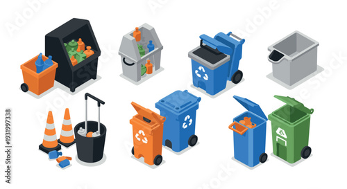 Waste management collection of recycling bins and traffic cones in isometric design