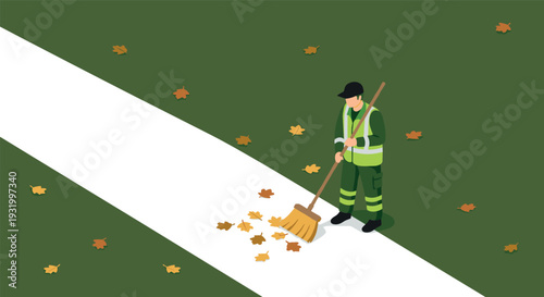Isometric cleanup: worker sweeping autumn leaves on green path