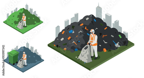 Isometric illustration of waste management worker cleaning cityscape
