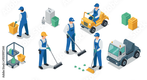 Isometric sanitation workers and equipment in action for clean environments