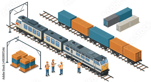 Modern isometric cargo train scene with containers and workers